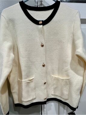 Zaful Cream and Black Trim Knit Cardigan